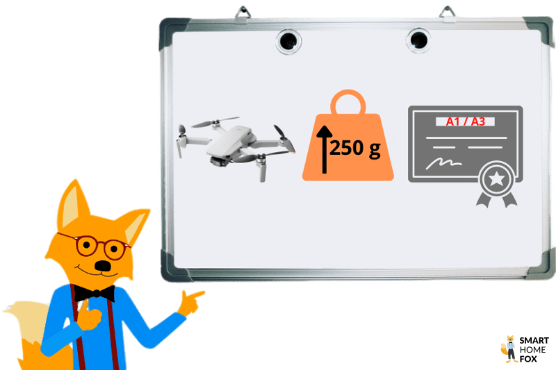 Der Smart Home Fox Experte zeigt auf einer Tafel, dass ein EU-Drohnenführerschein ab einem Drohnengewicht von 250 Gramm notwendig ist.